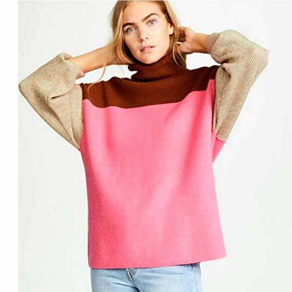 Free People Color Block Turtleneck Sweater in Pink Brown Tan - Picture 2 of 10
